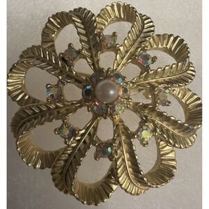 Vintage Gold Tone Aurora Borealis Faux Pearl Leaf Feather Swirl Brooch Colorful